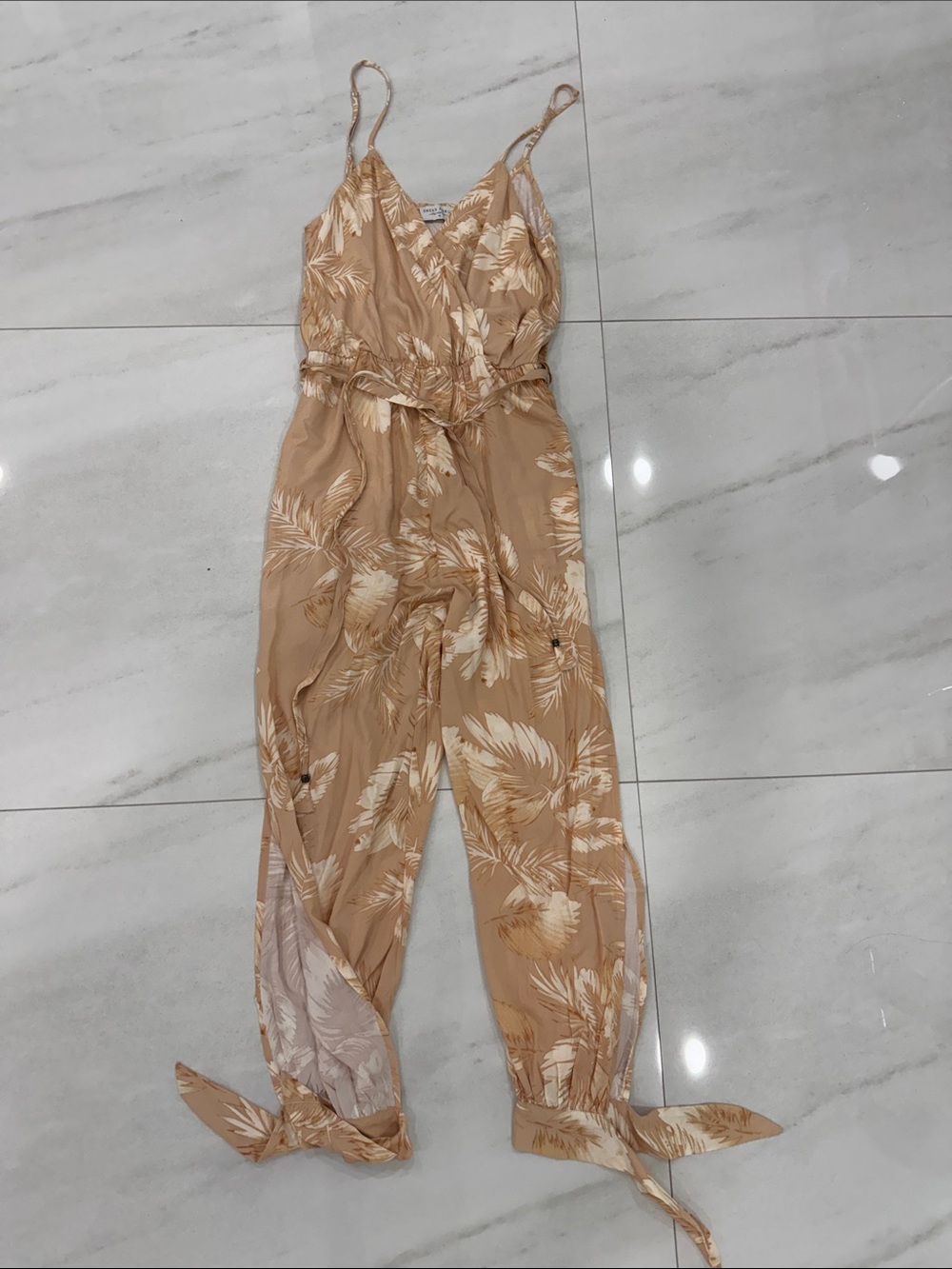 Floral Tie-Waist Sleeveless Jumpsuit in Beige